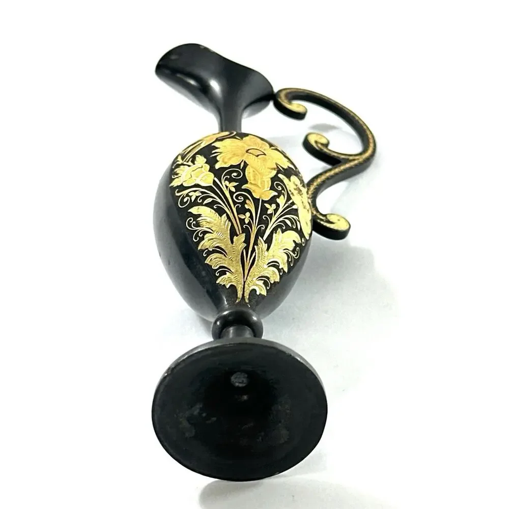 Vintage Black Gold Metal Ewer Vase Hollywood Regency Floral Bird Pitcher 7”